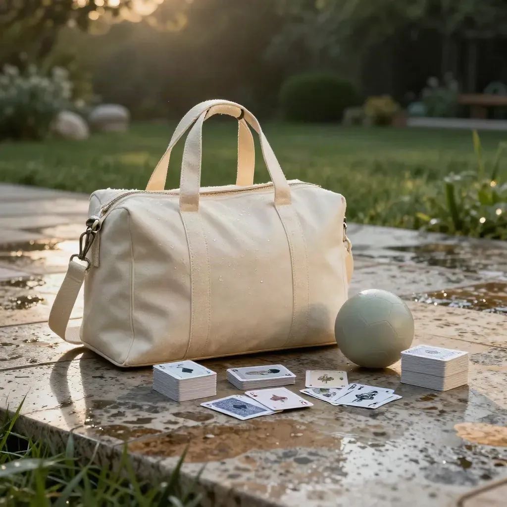 Kit loisirs familial avec sac en toile, ballon et cartes sur terrasse mouillée au soleil couchant.