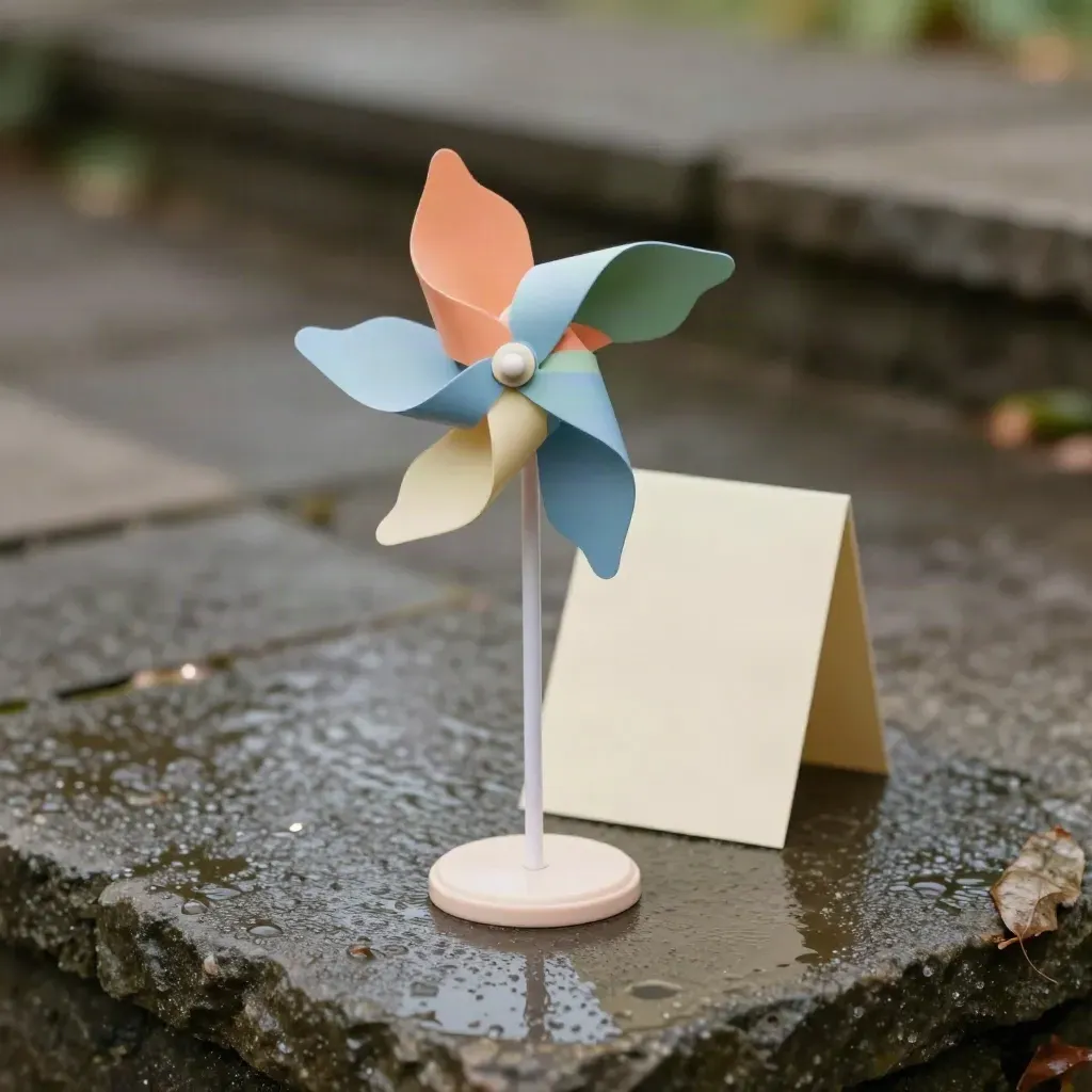Éolienne de jardin multicolore sur pierre mouillée, avec une petite carte crème floue derrière.