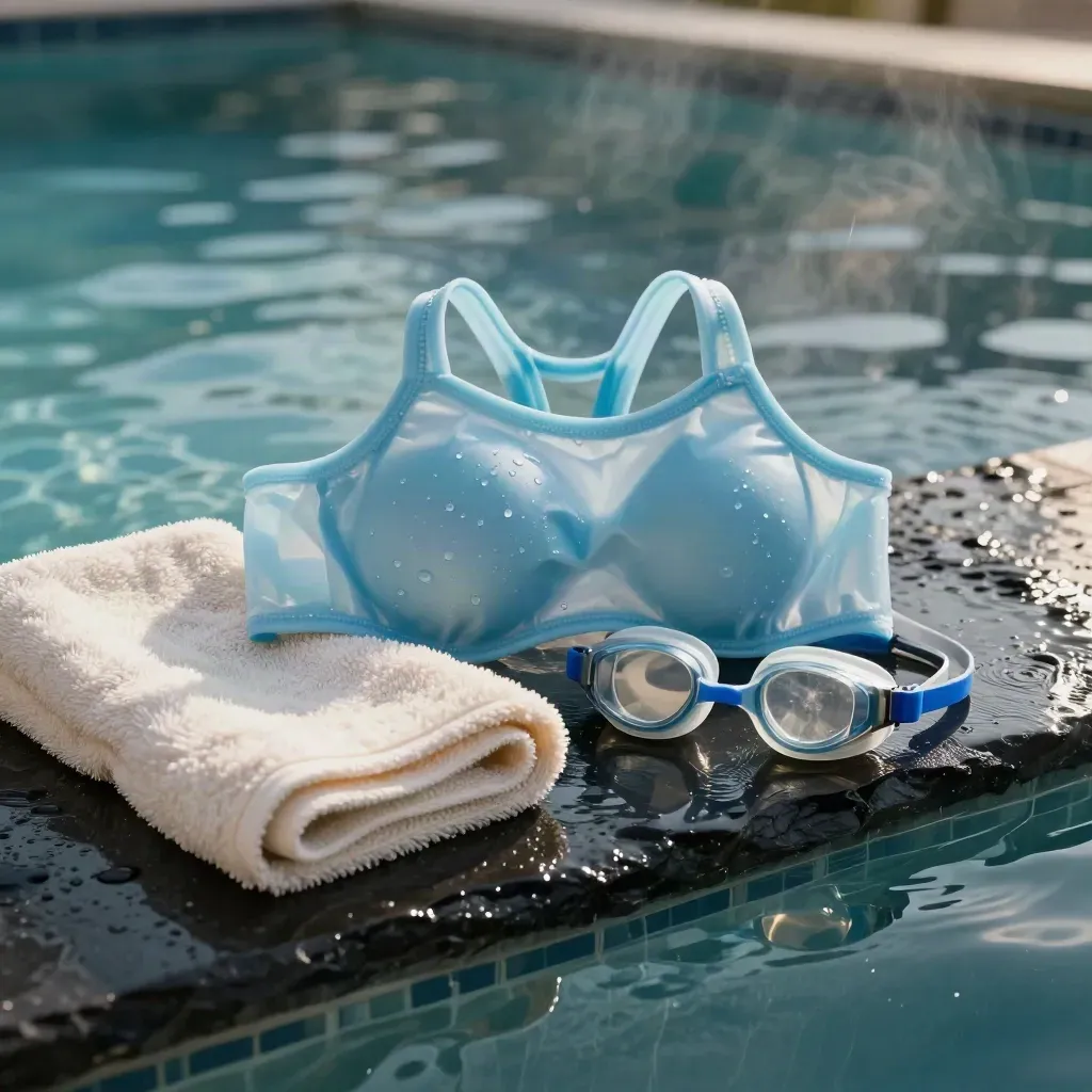 Brassards de natation bleus, serviette et lunettes au bord d’une piscine sombre.