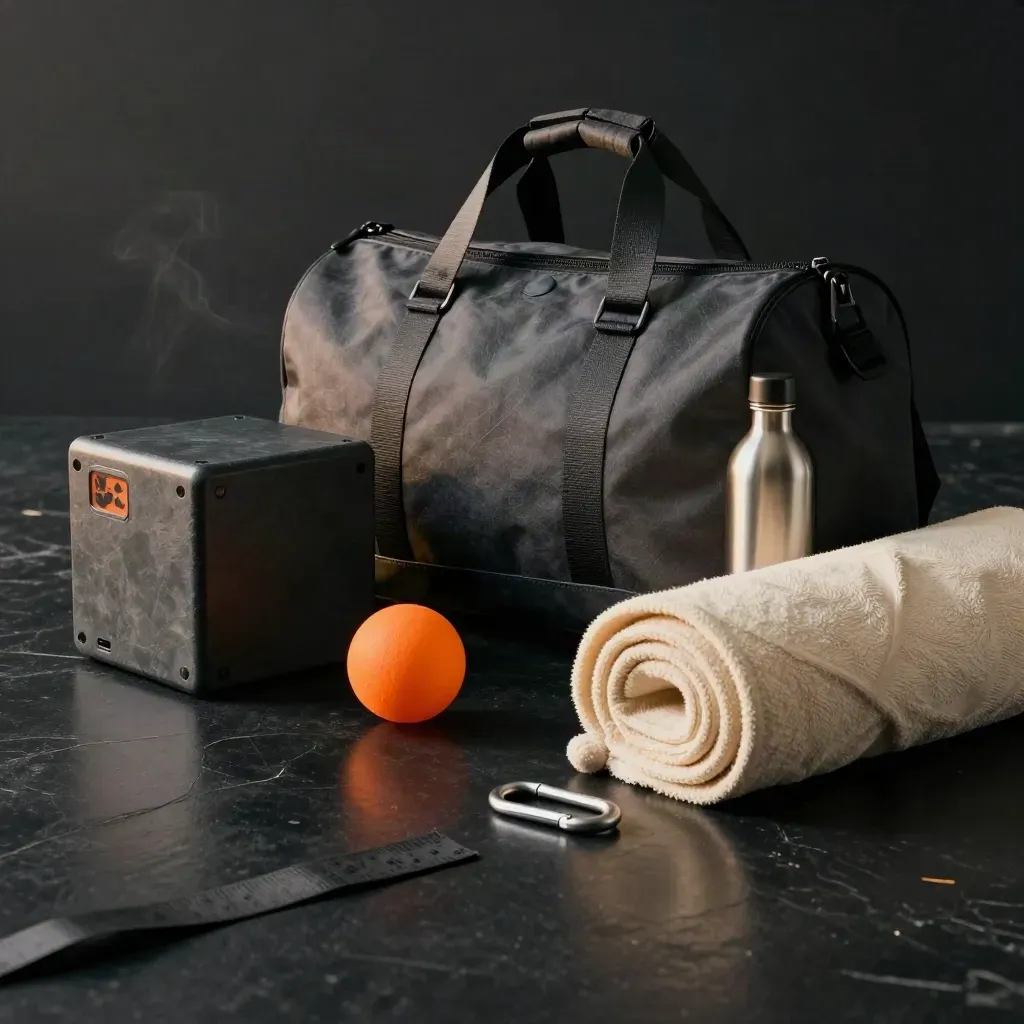 Montage loisirs du week-end avec ballon orange, sac souple, jeu compact et accessoires outdoor sur fond sombre.
