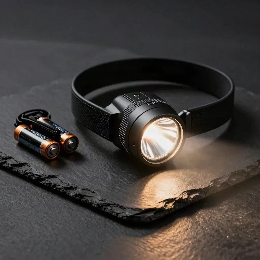Lampe frontale noire avec piles et étui sur une surface sombre, faisceau allumé au crépuscule.