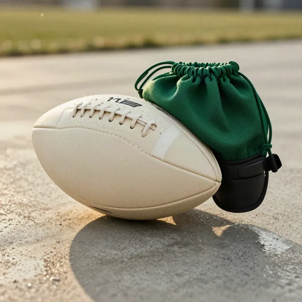 Ballon de foot humide avec protège-tibias et sac filet vert sombre sur sol clair.