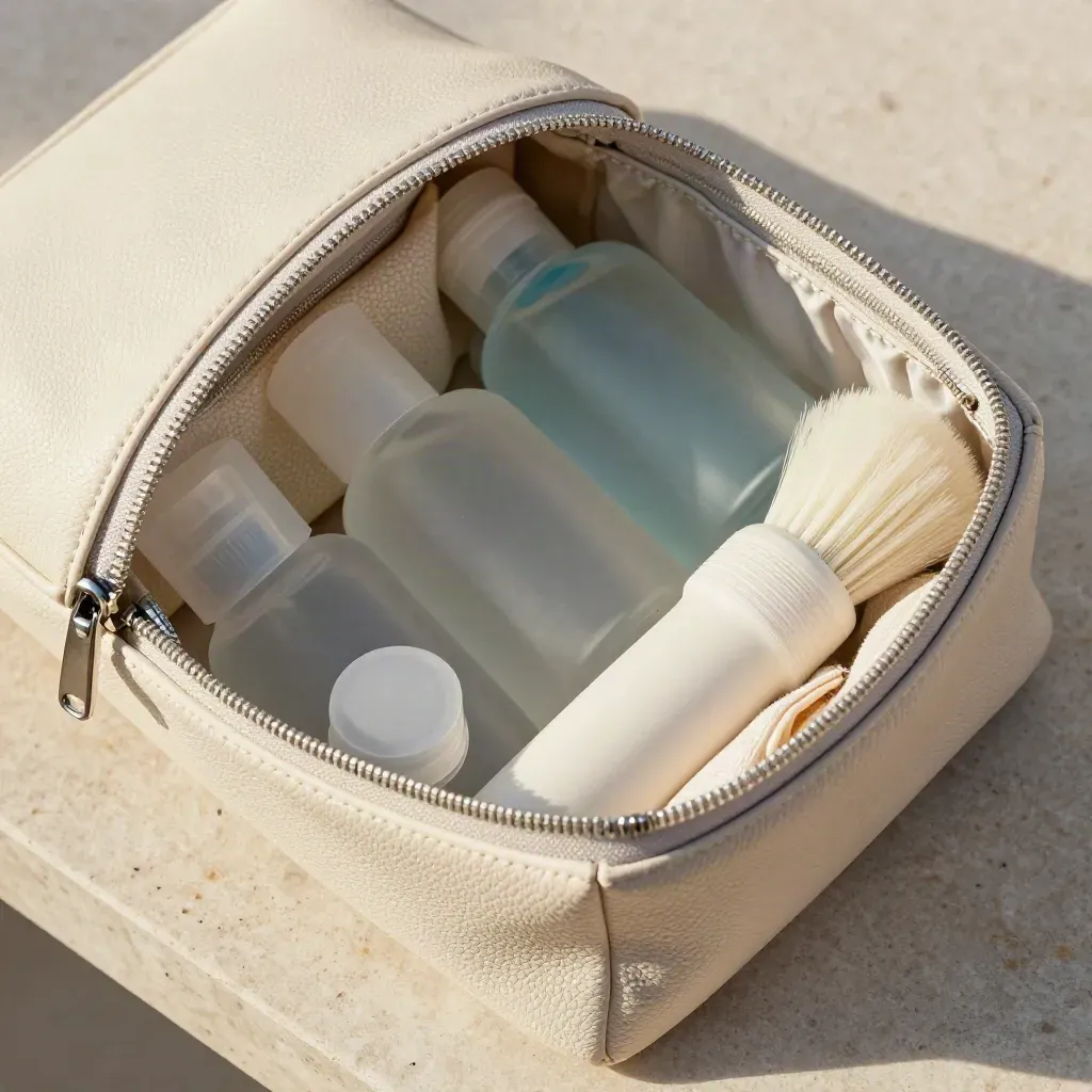 Trousse de voyage ouverte avec flacons cabine, brosse et pochette souple sur pierre claire.