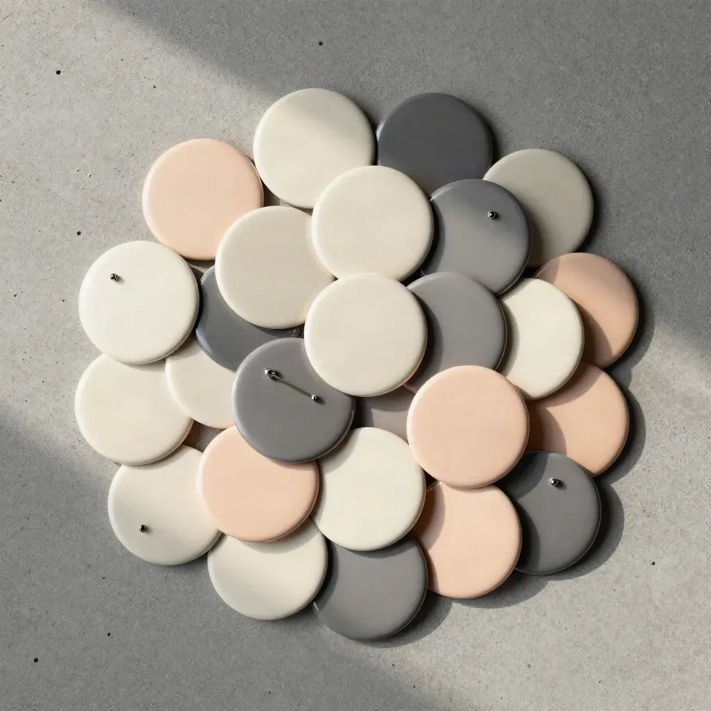 Vingt badges d’anniversaire ronds étalés en éventail sur une dalle de béton clair.