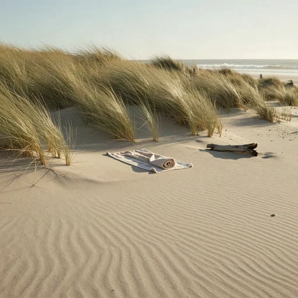 Dune côtière avec herbes hautes, serviette roulée et brume marine, horizon haut.