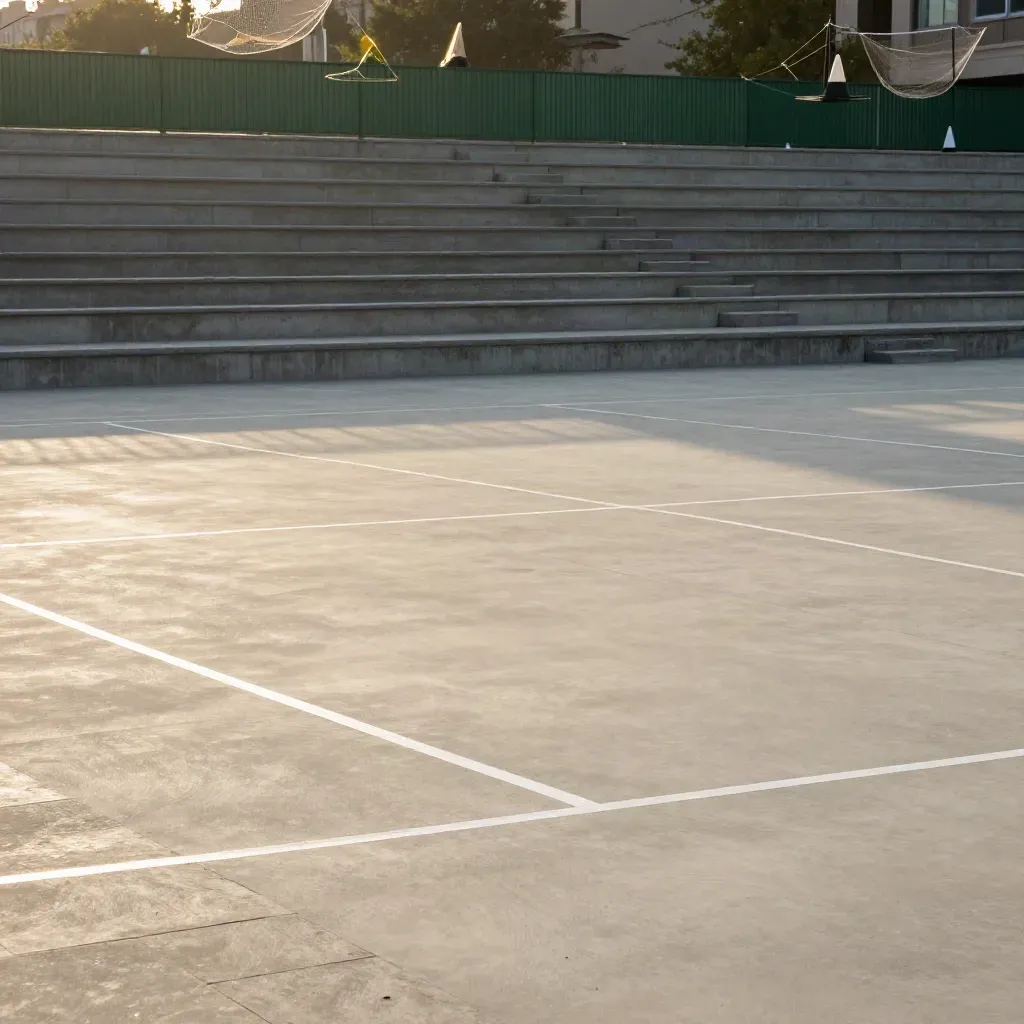 Terrain de sport en béton clair, gradins vides et lumière dorée, ambiance urbaine calme.