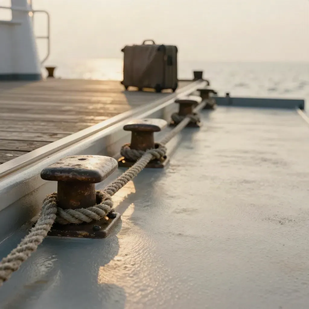 Quai de départ au coucher doré avec cordages, horizon marin et valise floue