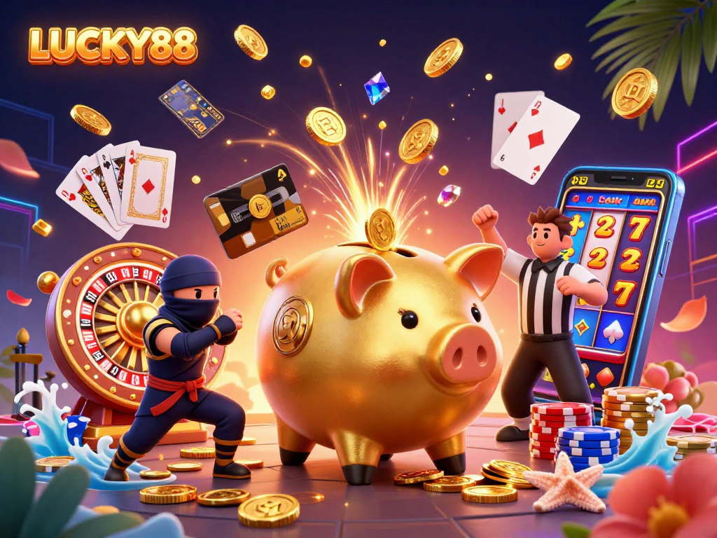 Experience the exciting world of LUCKY88 with a vibrant casino scene featuring playful characters and dynamic gaming elements.
