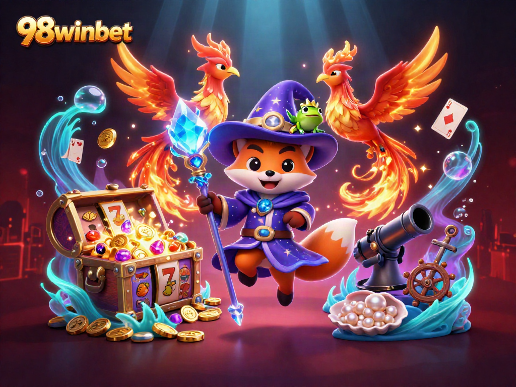 Experience the magic of 98winbet with our dynamic casino-themed 3D illustration showcasing adventure and fortune.