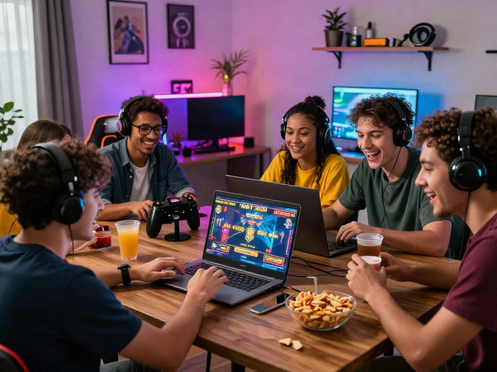 Jeux de casino français en ligne entre amis, ambiance festive et décor coloré.