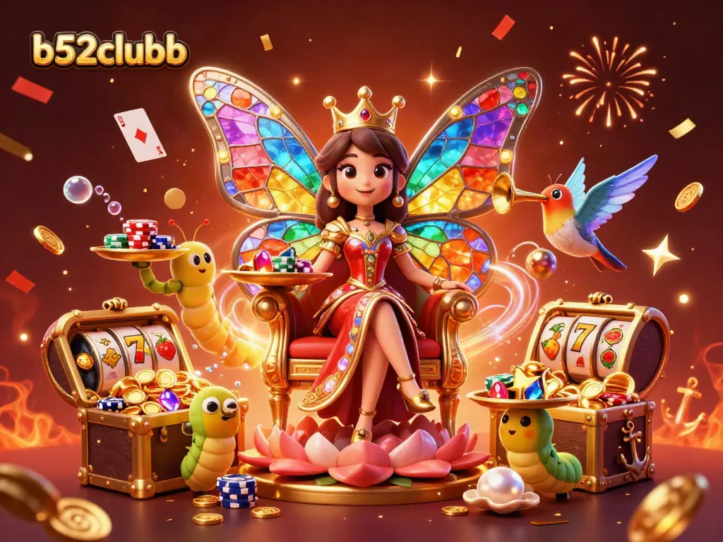 B52clubb casino scene featuring a butterfly queen, caterpillar servants with chips, and poker cards.