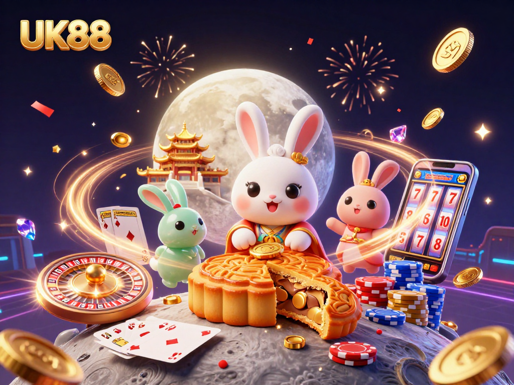 Experience casino excitement with UK88 illustrated in 3D as the moon rabbit reveals poker chips among golden treasures.