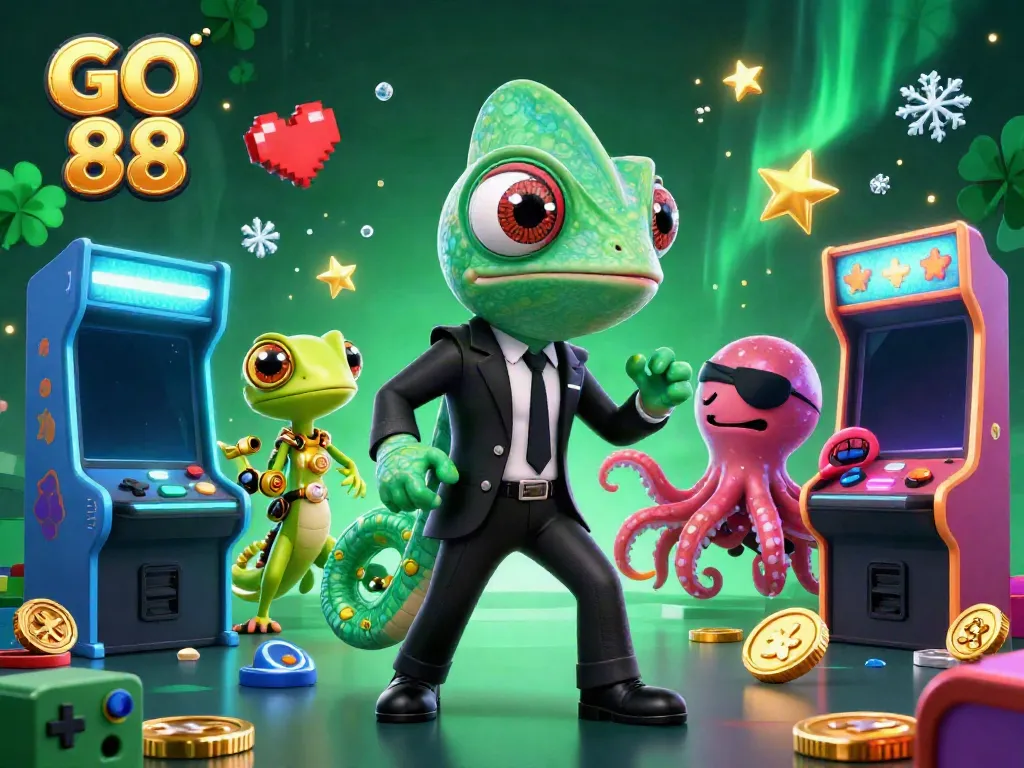 Engage in the thrilling world of GO 88 with lively characters playing arcade games in a dazzling casino scene.