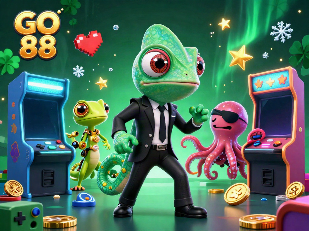 Engage in the thrilling world of GO 88 with lively characters playing arcade games in a dazzling casino scene.