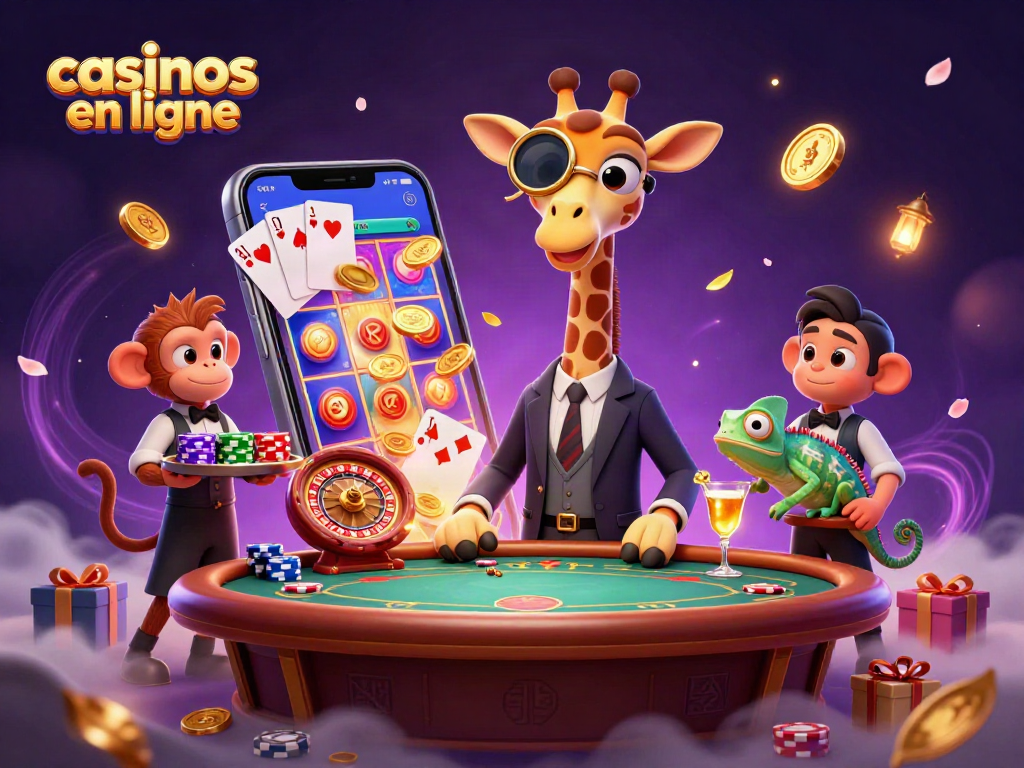 Gagnez avec des casinos en ligne lors d'une soirée poker animée avec une girafe en costume élégant.