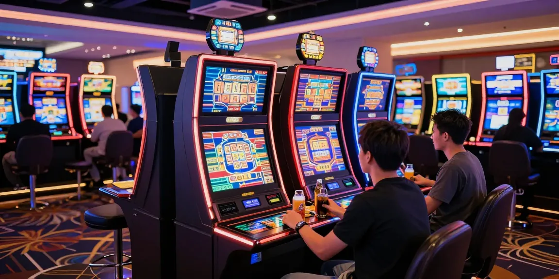 Expérience immersive de jeux avec les meilleurs casinos en ligne, joueurs heureux devant des machines à sous lumineuses.