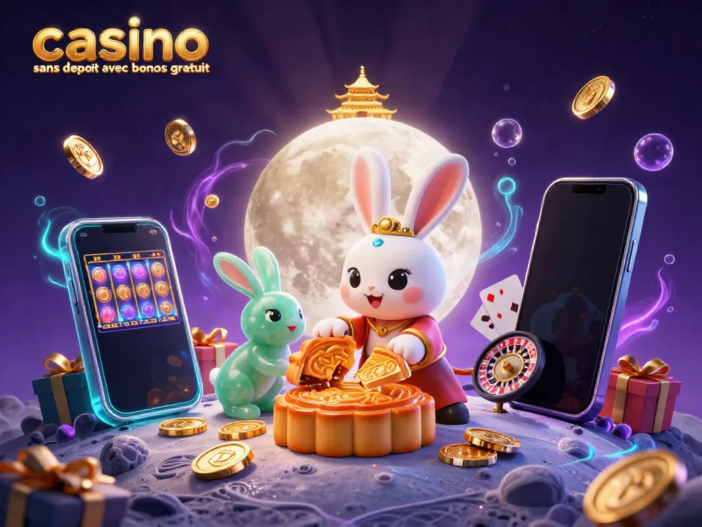 Join the fun at casino sans depot avec bonus gratuit celebrating with a moon rabbit revealing poker chips in vibrant 3D.