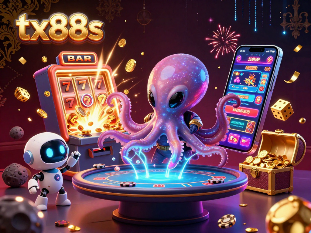 Experience vibrant gaming with tx88s' dynamic casino environment featuring an alien octopus and treasure.
