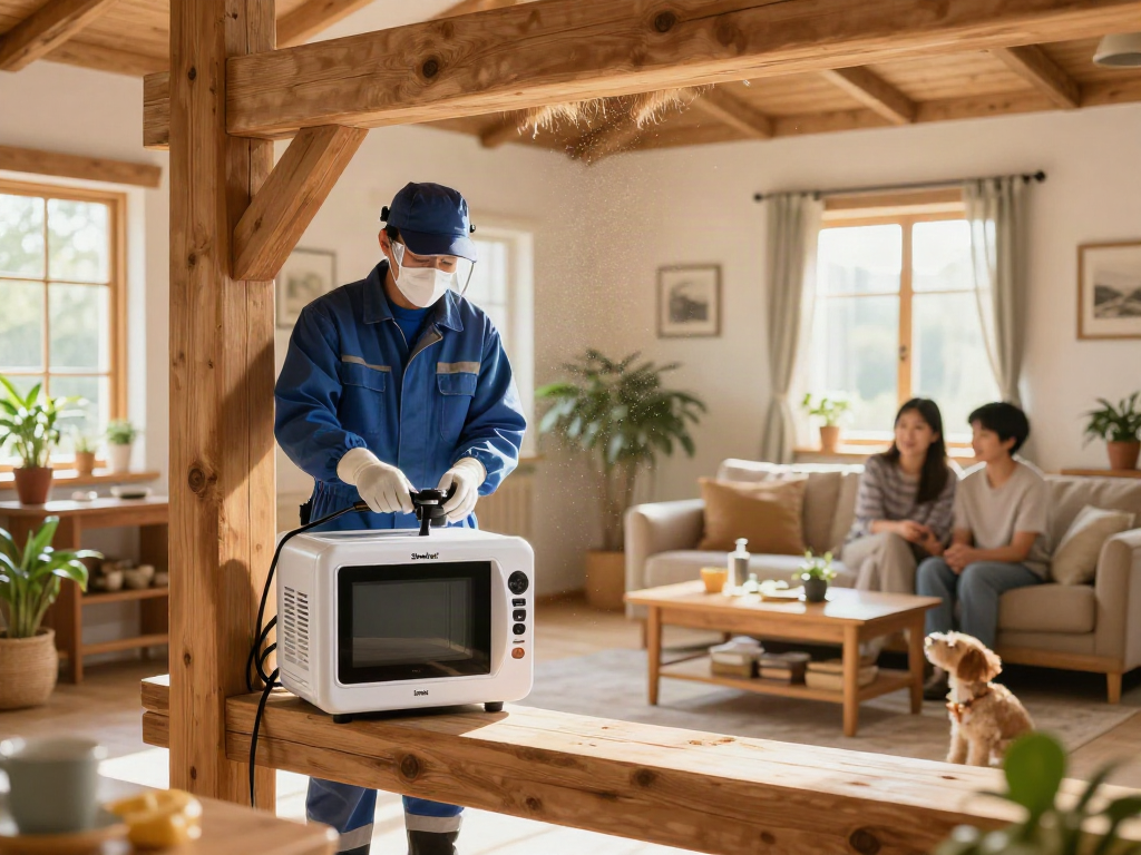 Traitement de bois Shashel® à domicile, professionnel en action pour éliminer les insectes.