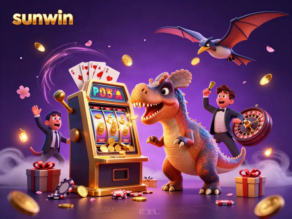 Engaging sunwin casino experience as a pachycephalosaurus interacts with a jackpot slot machine, capturing dynamic gaming energy.