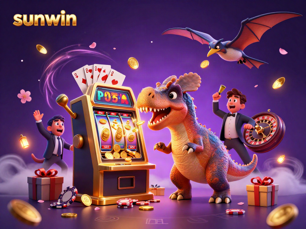Engaging sunwin casino experience as a pachycephalosaurus interacts with a jackpot slot machine, capturing dynamic gaming energy.