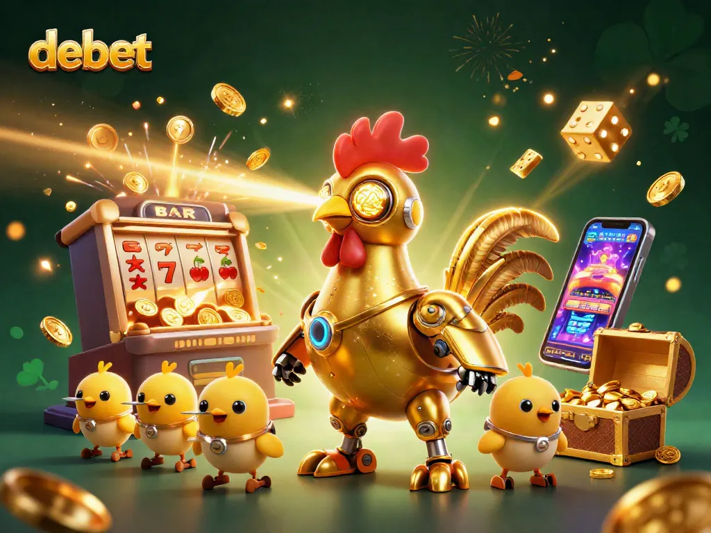 Experience debet casino excitement with a dynamic 3D scene of a golden rooster robot and baby chick drones.
