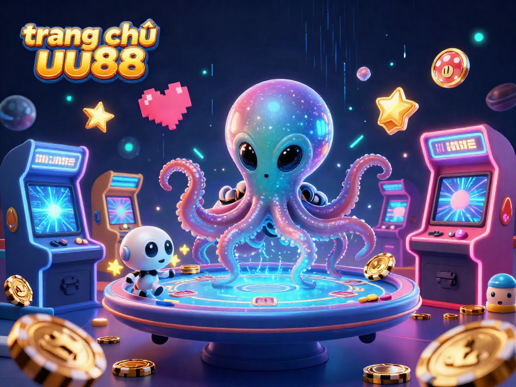 Engage with the thrilling world of trang chủ uu88 at a holographic poker table featuring a 3D octopus and robot.