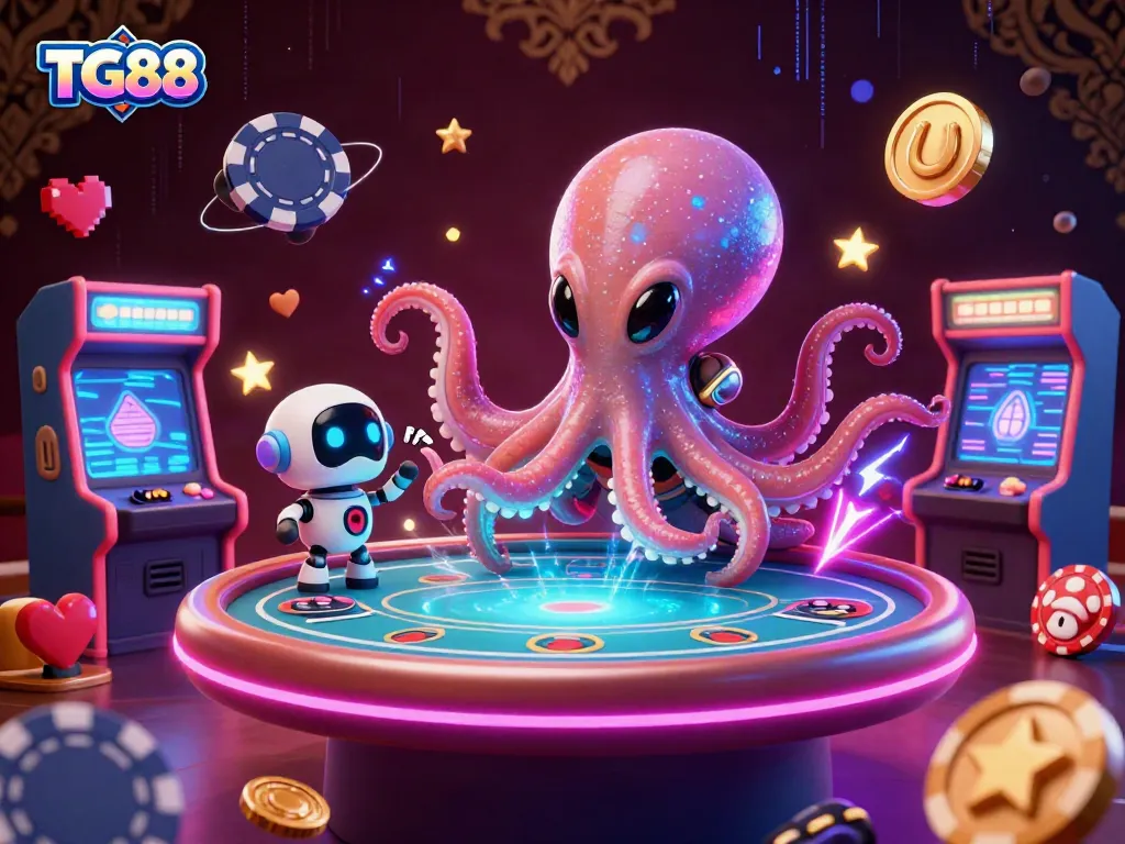 Engage in thrilling betting fun at TG88 with an exciting holographic poker table scene.