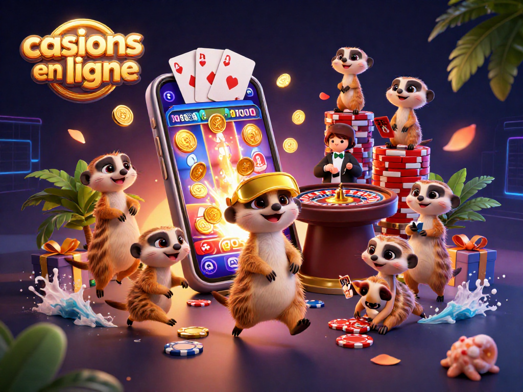 Les suricates gèrent un casino avec des jeux innovants dans un décor vibrant de casinos en ligne.