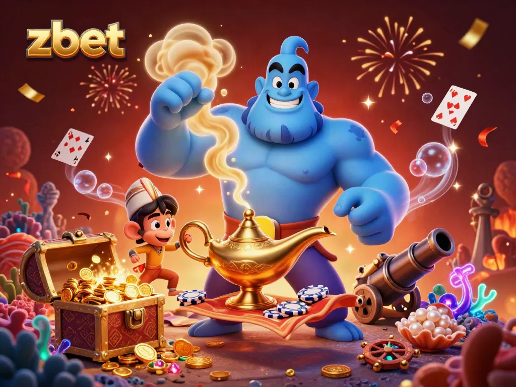 Engage with zbet's thrilling casino experience featuring a blue genie and a magic carpet amidst dazzling treasures.