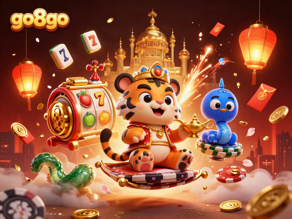 Engage in thrilling gameplay at go8go with an Arabian-themed tiger sultan and vibrant slot reels.