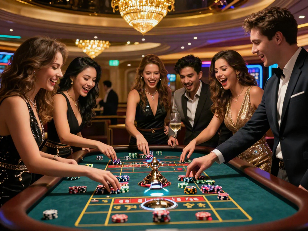 Scène de casino dynamique avec des amis jouant au meilleur casino en ligne autour d'une table de roulette, ambiance festive et joyeuse.