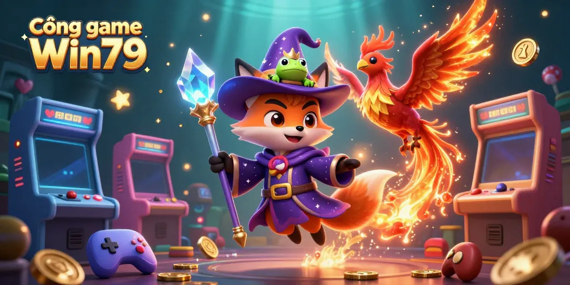 Experience the thrill of Cổng game Win79 with a magical scene featuring a wizard fox, phoenix, and vibrant gaming elements.