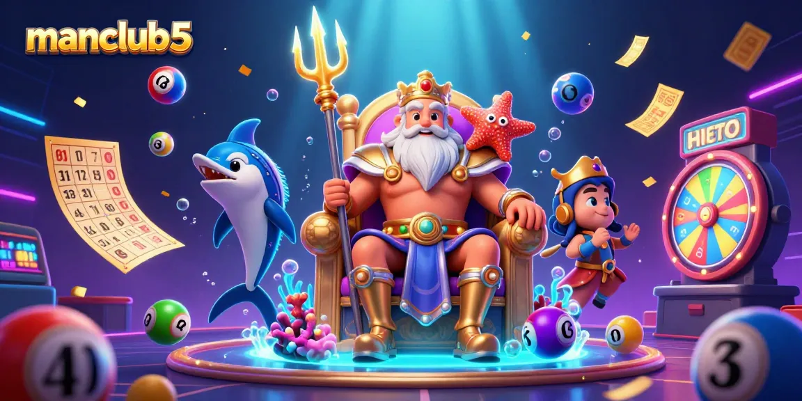 Engage with manclub5's exciting lottery experience amidst colorful lottery elements and characters.
