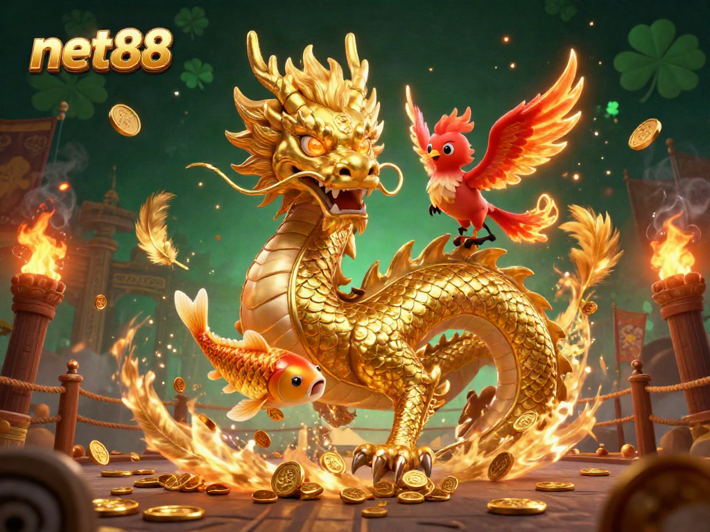Experience the excitement of net88 with a playful scene of a golden dragon, phoenix, and koi fish leaping through coins.