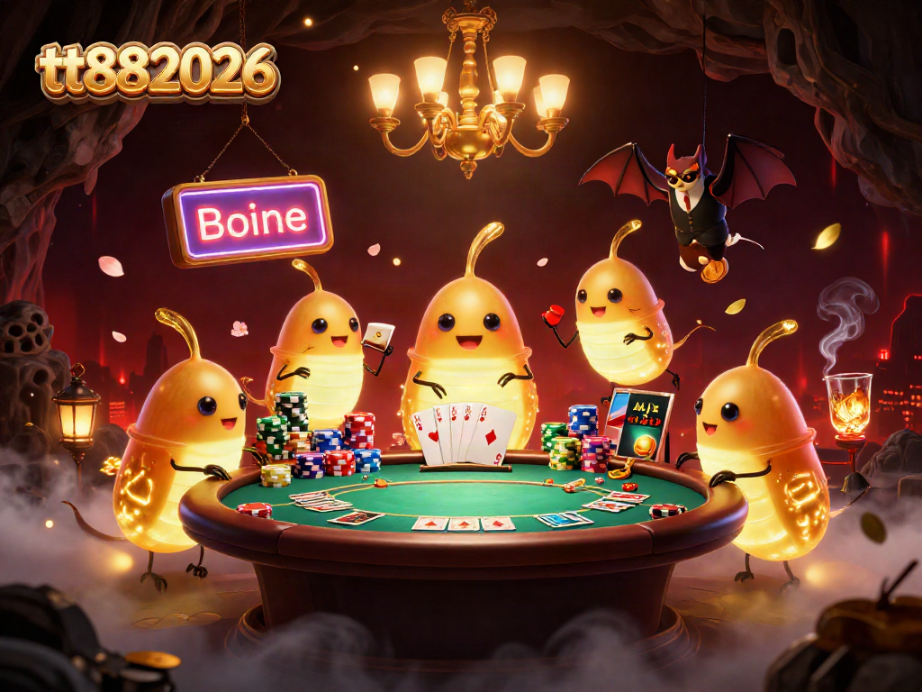 Experience the thrill of tt882026 casino, with vibrant glowworms lighting a poker game.