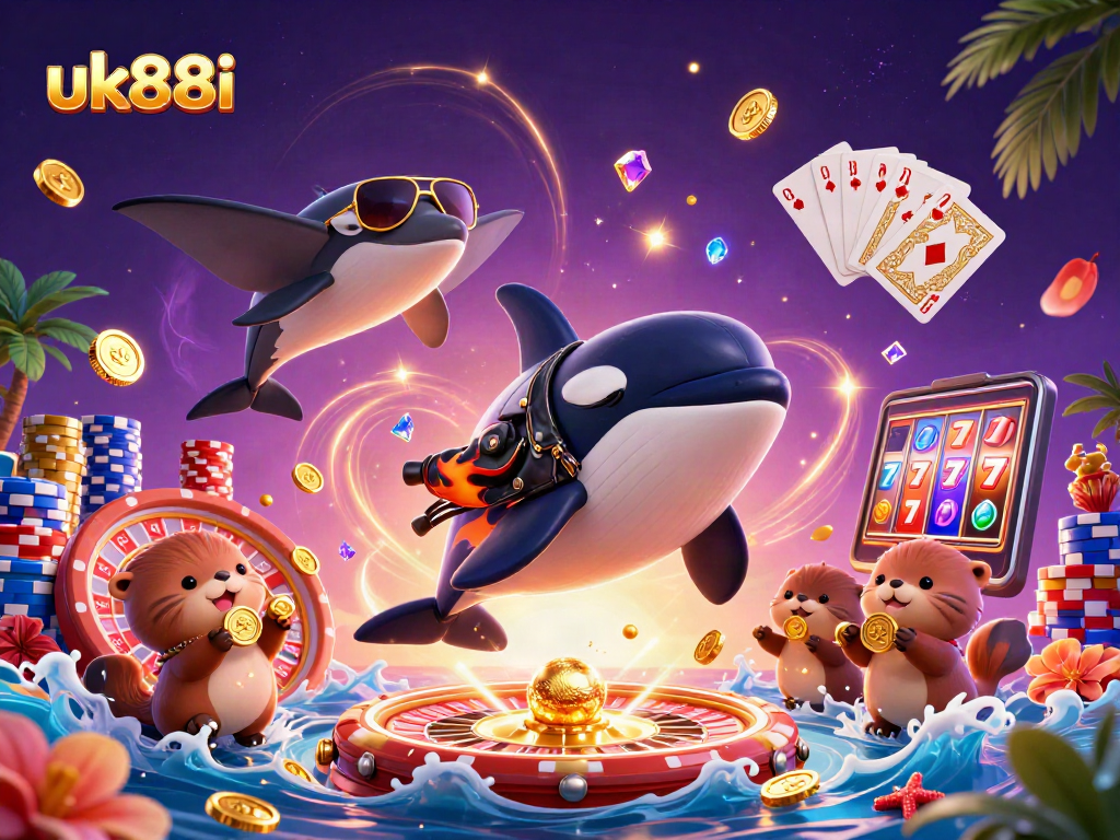 Experience thrilling gameplay with uk88i as sea creatures and golden coins fill a vibrant casino scene.