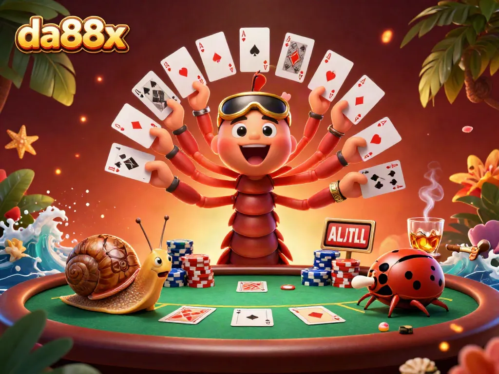Engage with da88x as a vibrant cartoon casino scene featuring unique characters and rich game elements.