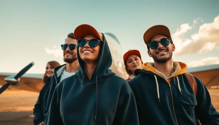 Stylish individuals showcasing FLY88 aviation-inspired apparel against a vintage airplane backdrop.