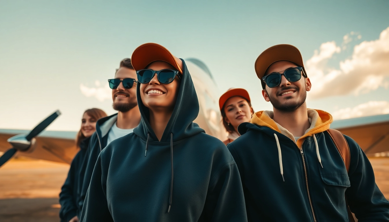 Stylish individuals showcasing FLY88 aviation-inspired apparel against a vintage airplane backdrop.