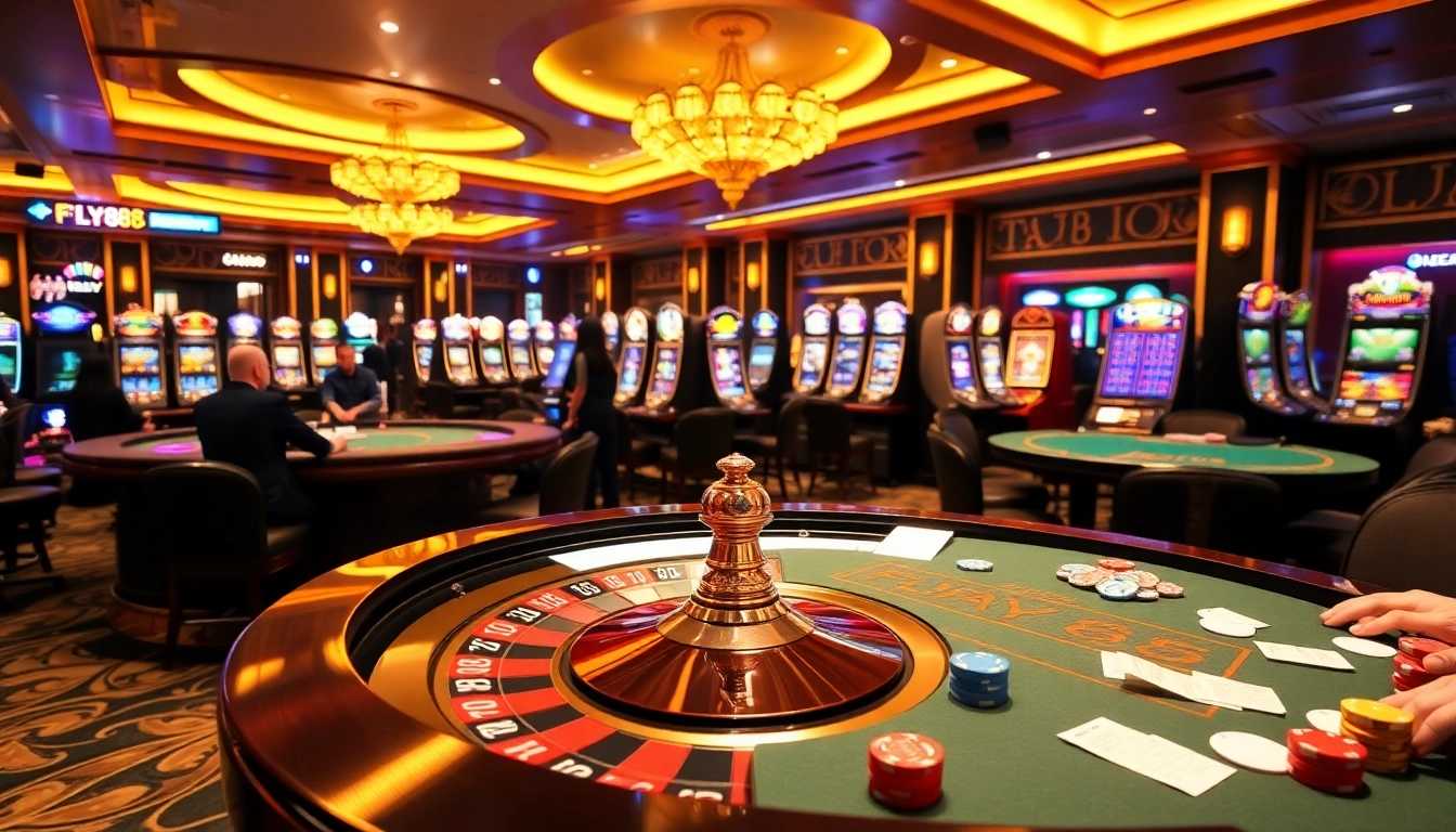 FLY88 casino scene showing poker tables, roulette wheels, and exciting gameplay action.