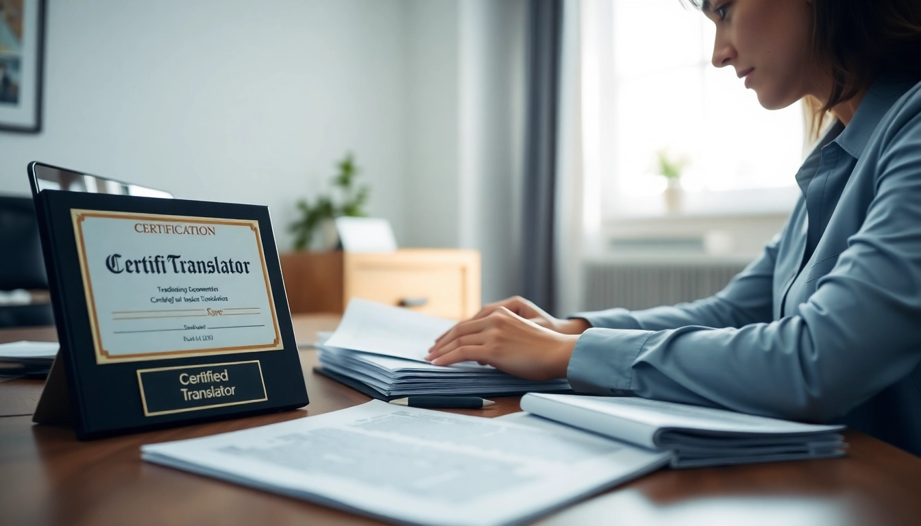 Expert réalisant une traduction assermentée dans un bureau professionnel, présentant une certification et des documents.