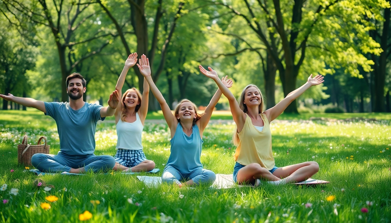 Famille pratiquant un style de vie sain dans un parc ensoleillé.