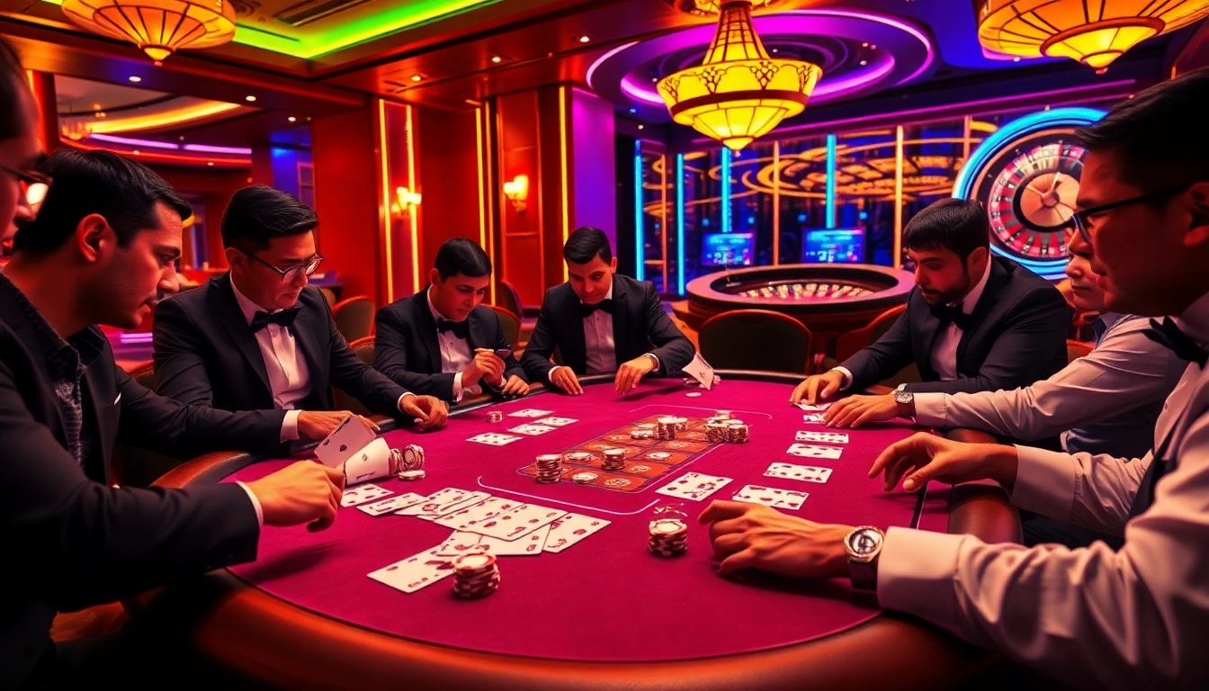 Exciting poker game at https://topclub.space/ with elegant players, vibrant casino lights, and polished chips.