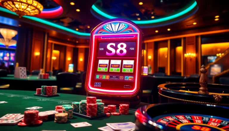 Guests enjoy a thrilling game at the S8 slots, surrounded by vibrant casino decor and lively action.