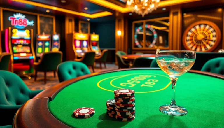 Engaging scene at tr88bet casino with poker chips and roulette wheel.