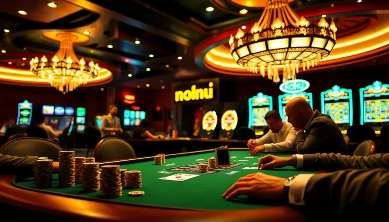 Players engaged in a thrilling poker game at NOHU casino, showcasing vibrant chips and a luxurious atmosphere.