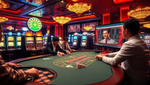Experience the thrill of casino en ligne with engaging players at a vibrant blackjack table amidst luxurious surroundings.