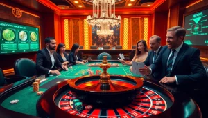 Des joueurs enthousiastes profitent d'une expérience de casino crypto avec des tables de jeu dynamiques et des affichages de cryptomonnaies numériques.