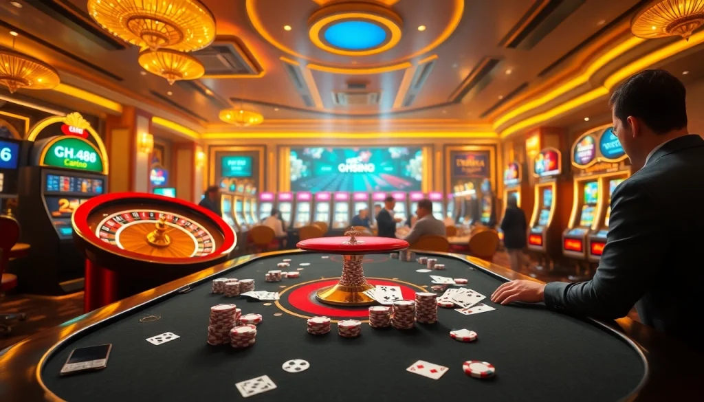 Exciting QH88 casino scene featuring roulette, poker cards, and vibrant slot machines.